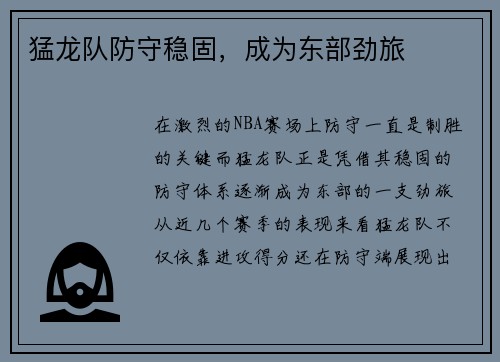 猛龙队防守稳固，成为东部劲旅